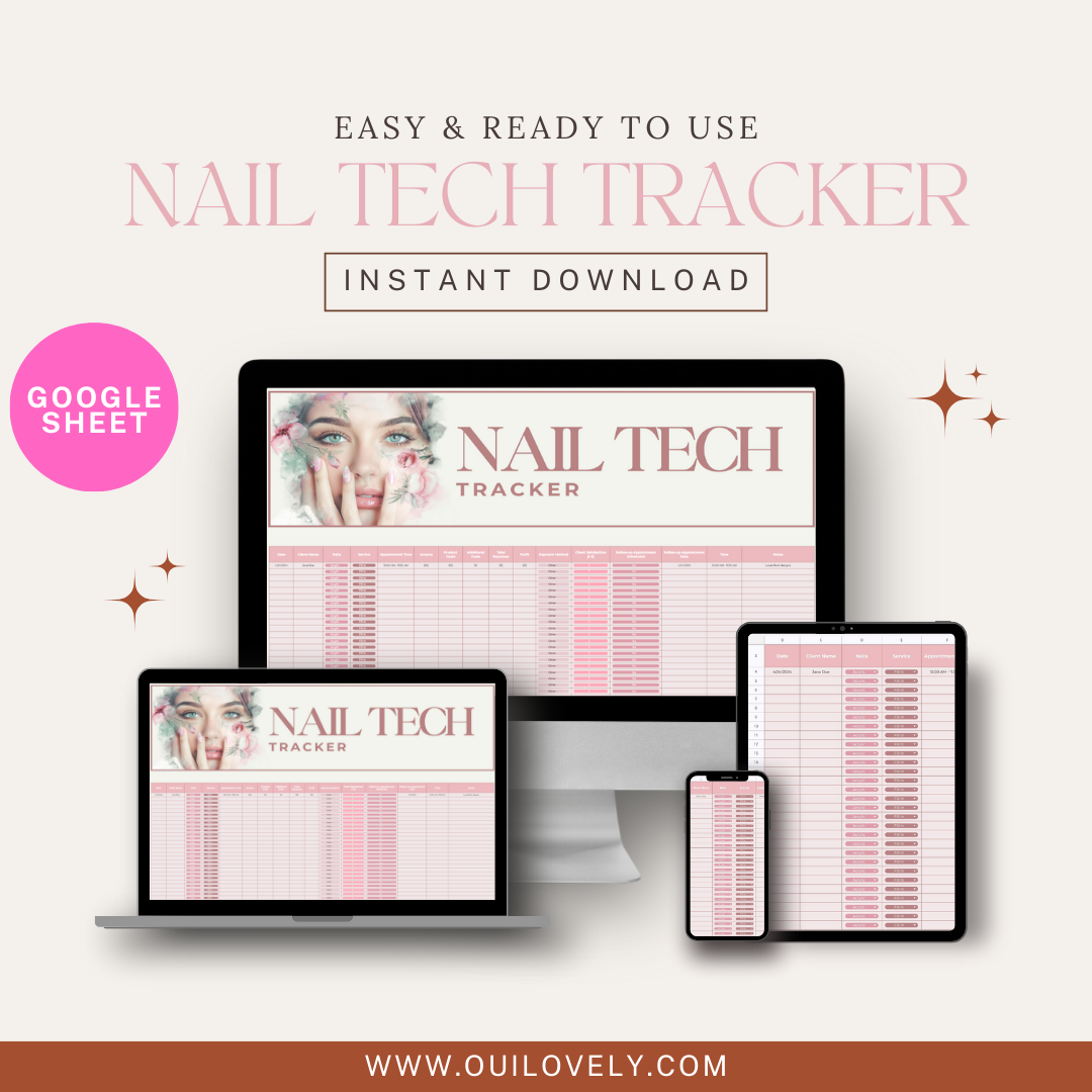 Nail tech tracker in pink -google sheet